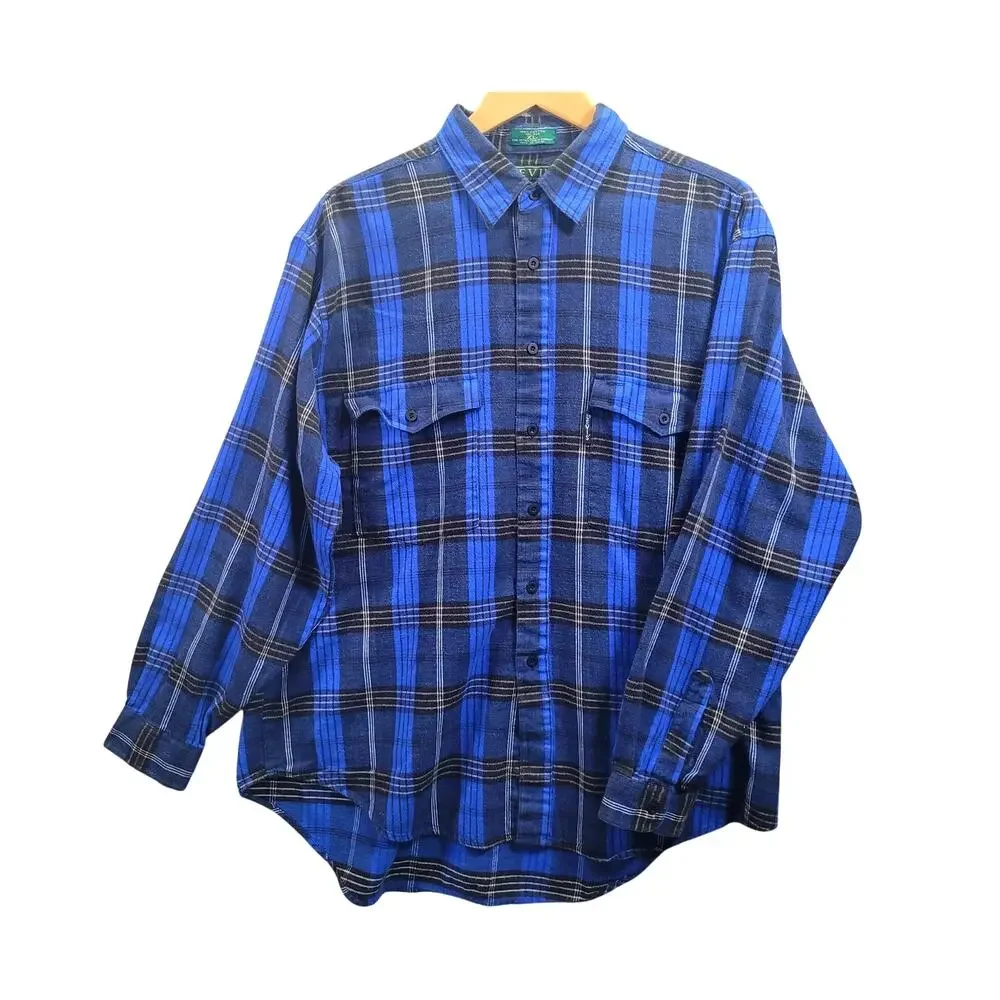 Vintage Levis Sutter Creek XL Flannel Shirt Blue Plaid Cabin Grunge Workwear USA